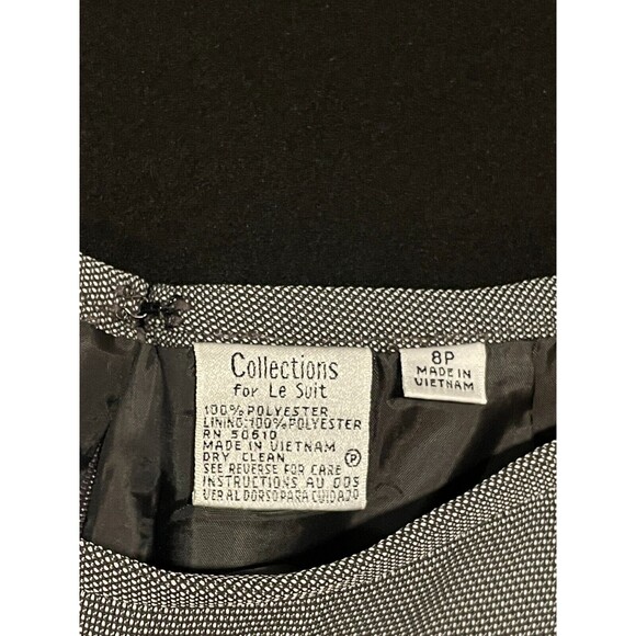 ~ Le Suit 2pc Skirt Suit 8p Black Print White Trim Work Notch Lapel Pencil Skirt - Picture 16 of 16